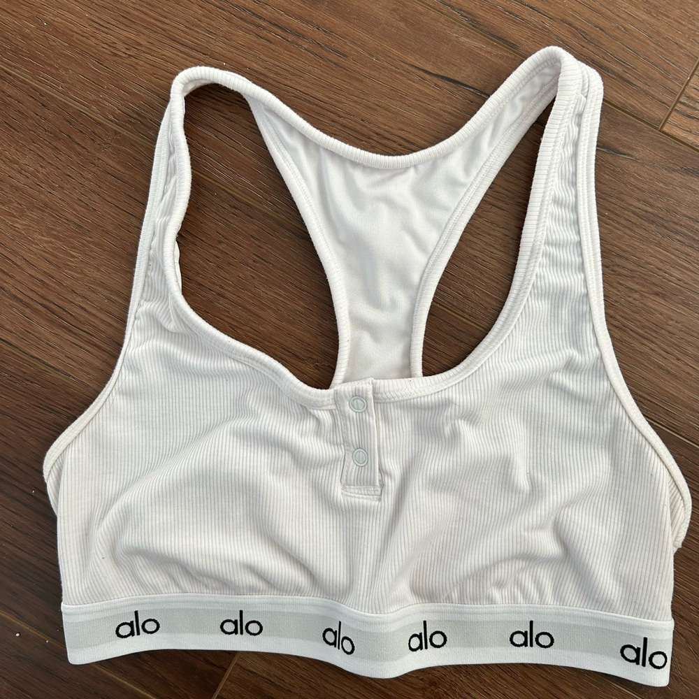 Alo White Ribbed Sports Bra